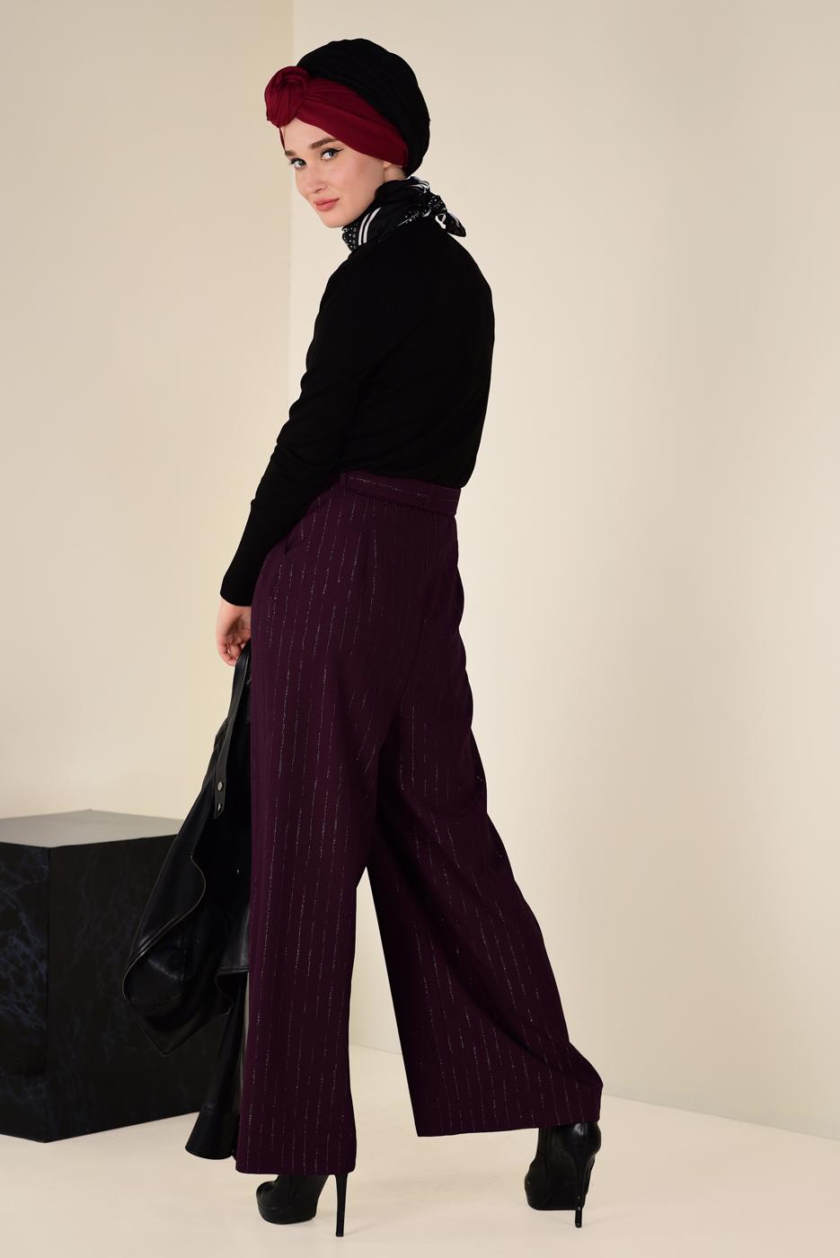 Tesettür giyim MÜRDÜM SİMLİ ÇİZGİ DESEN KEMERLİ PANTOLON 7401 