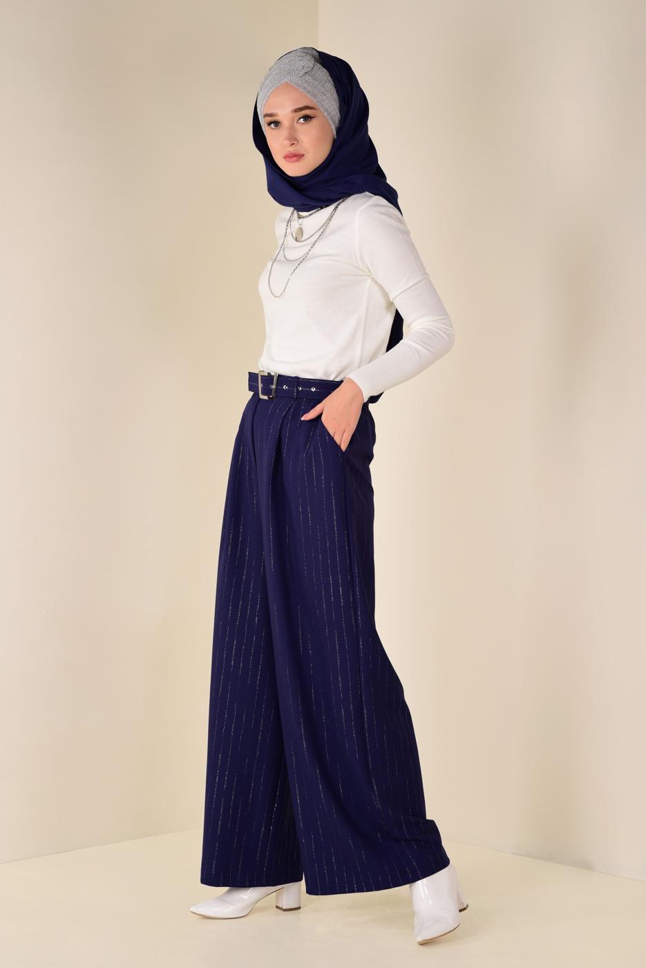 Hijab clothing NAVY BLUE SPARKLY STRIPPED BELTED TROUSSERS 7401