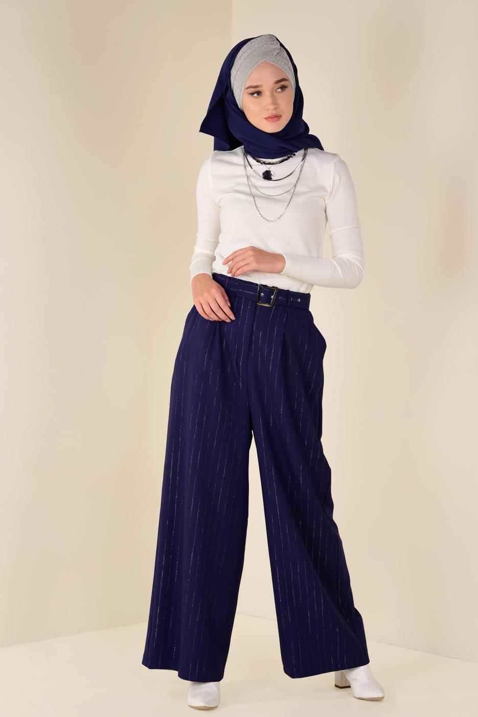 Hijab clothing NAVY BLUE SPARKLY STRIPPED BELTED TROUSSERS 7401