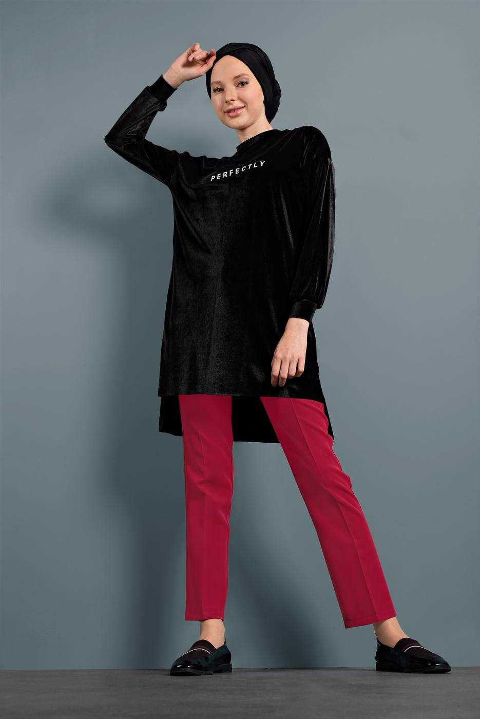 Tesettür giyim KIRMIZI ALVİNA CEPLİ DÜĞMELİ PANTOLON 7502