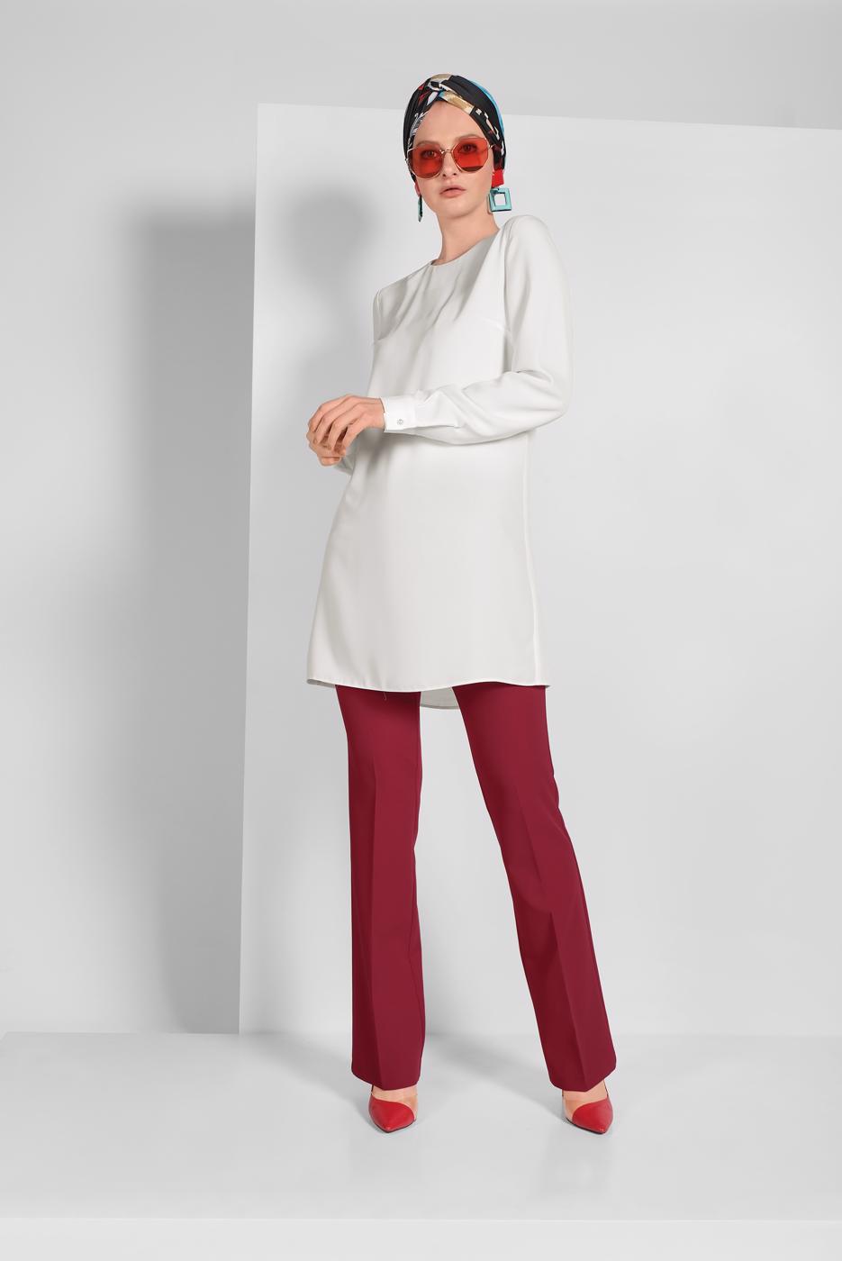 Tesettür giyim KIRMIZI ALVİNA ARA BEL KUMAŞ PANTOLON 7523