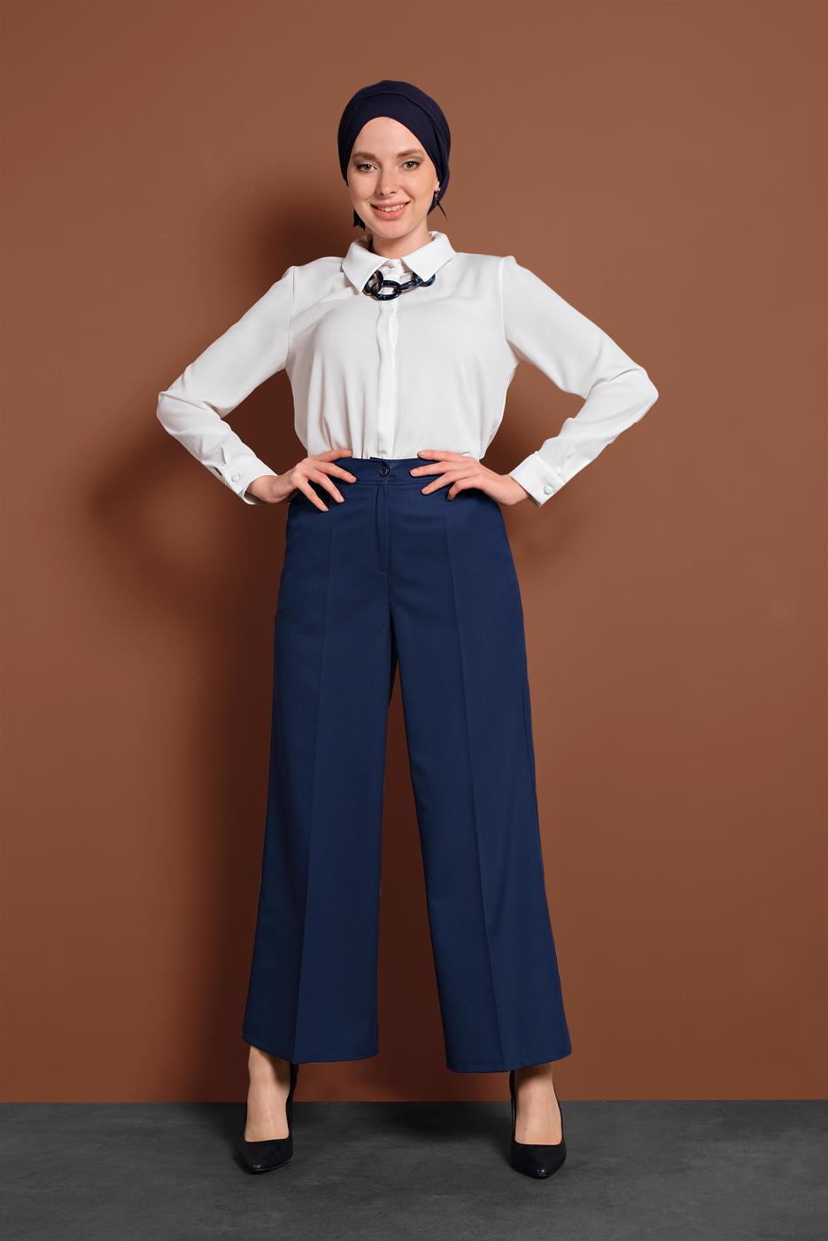 Tesettür giyim LACİVERT ALVİNA YÜKSEK BEL KUMAŞ PANTOLON T 7551