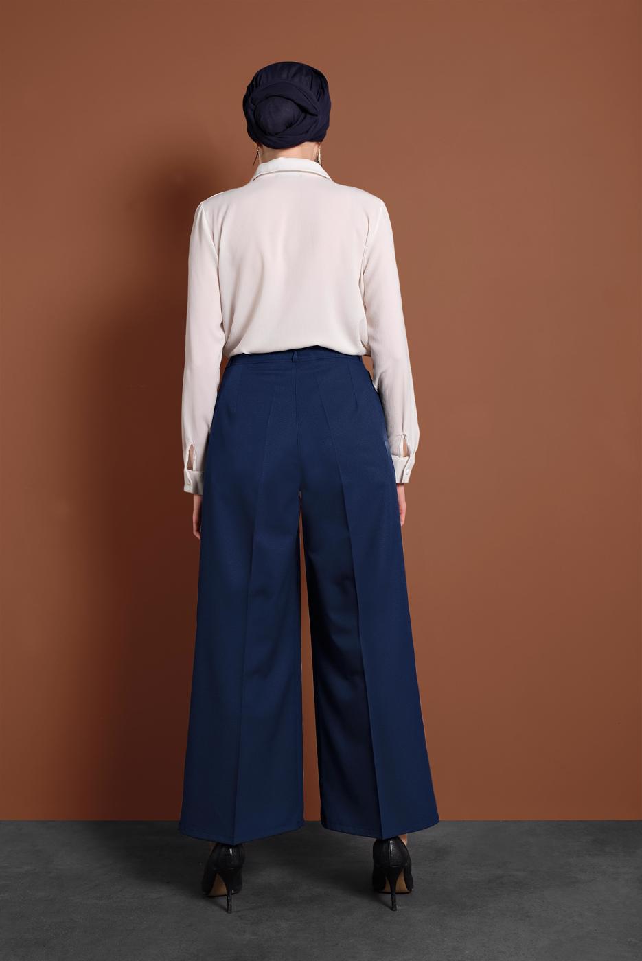 Tesettür giyim LACİVERT ALVİNA YÜKSEK BEL KUMAŞ PANTOLON T 7551