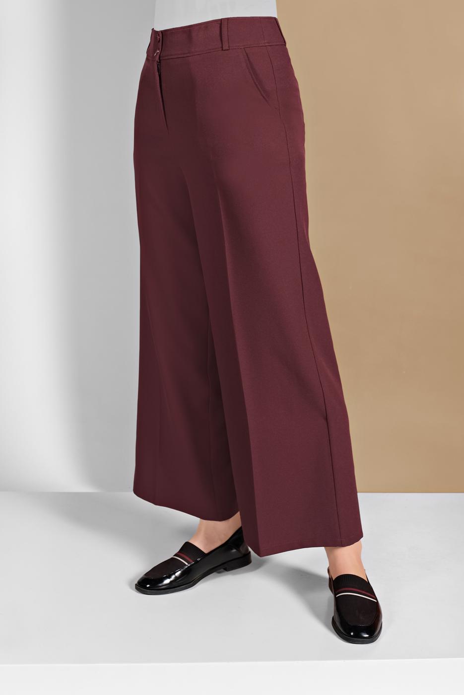 Tesettür giyim BORDO ALVİNA GENİŞ PAÇA CEPLİ PANTOLON 7568