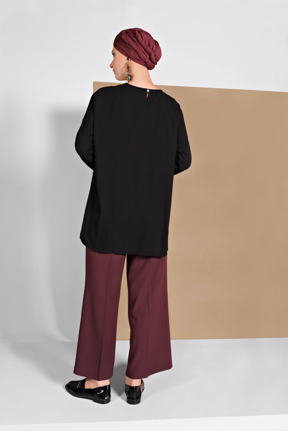 Tesettür giyim BORDO ALVİNA GENİŞ PAÇA CEPLİ PANTOLON 7568