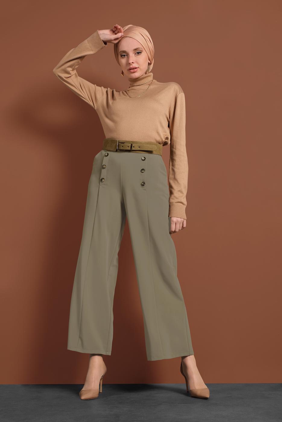 Tesettür giyim HAKİ ALVİNA GENİŞ PAÇA PANTOLON 7578