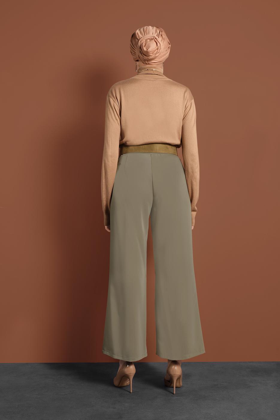 Tesettür giyim HAKİ ALVİNA GENİŞ PAÇA PANTOLON 7578