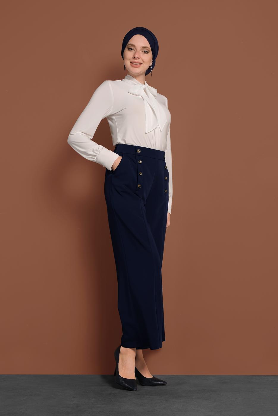 Tesettür giyim LACİVERT ALVİNA GENİŞ PAÇA PANTOLON 7578