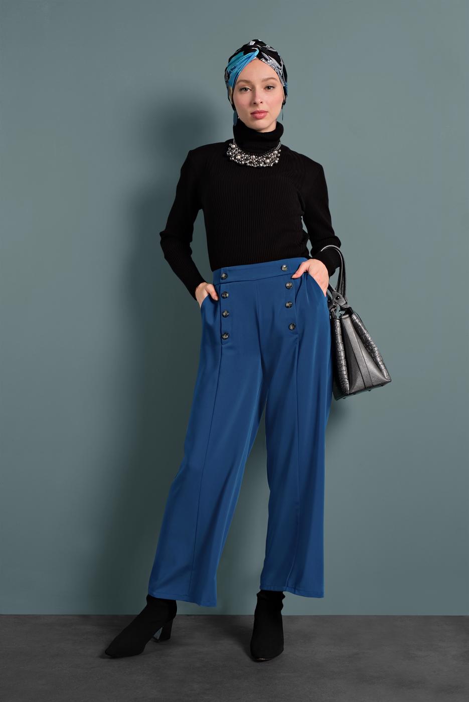 Tesettür giyim LACİVERT ALVİNA GENİŞ PAÇA PANTOLON 7578