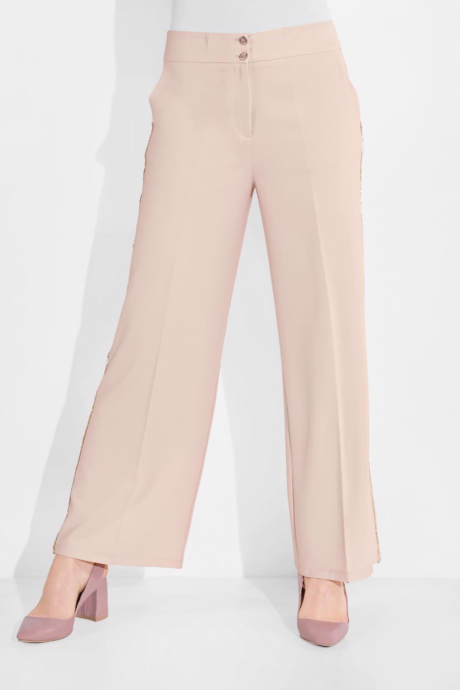 Tesettür giyim BEJ ALVİNA YANLARI TAŞ ŞERİT DETAYLI PANTOLON 7582 