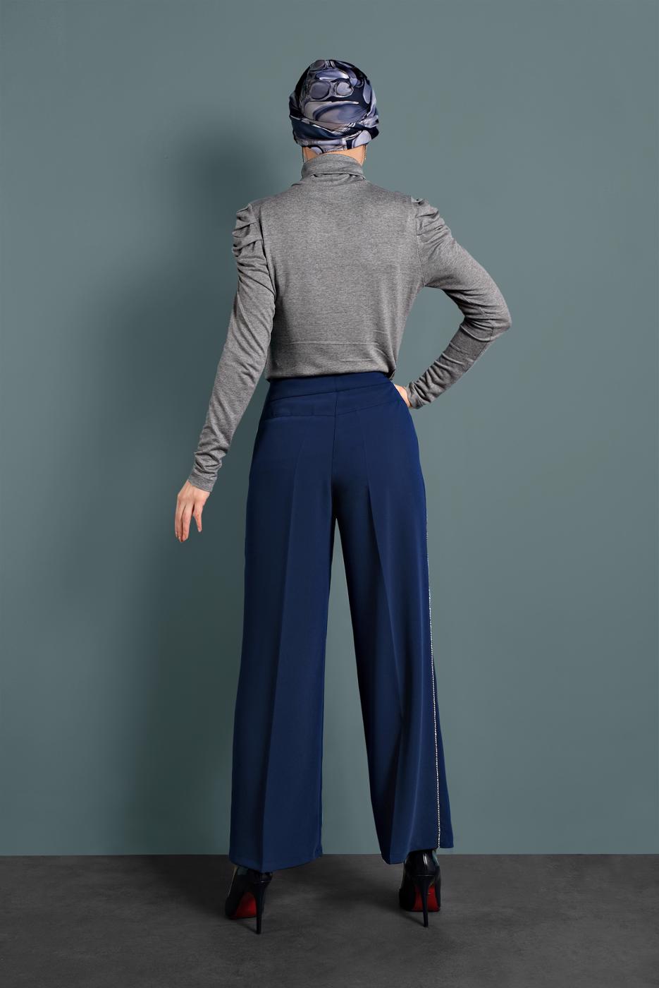 Tesettür giyim LACİVERT ALVİNA YANLARI TAŞ ŞERİT DETAYLI PANTOLON 7582 