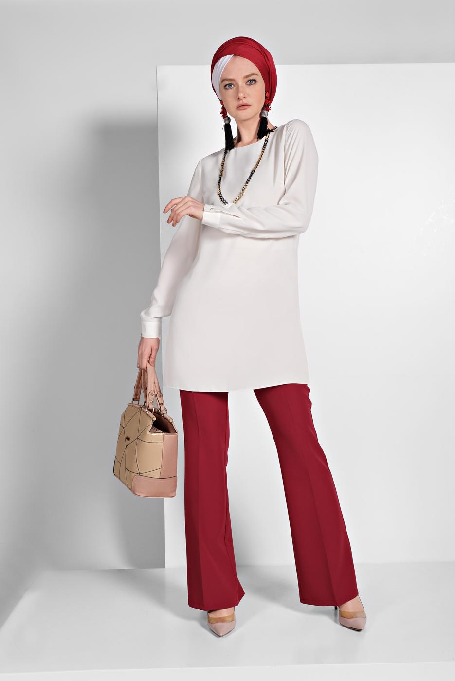 Tesettür giyim KIRMIZI KUMAŞ PANTOLON 7585