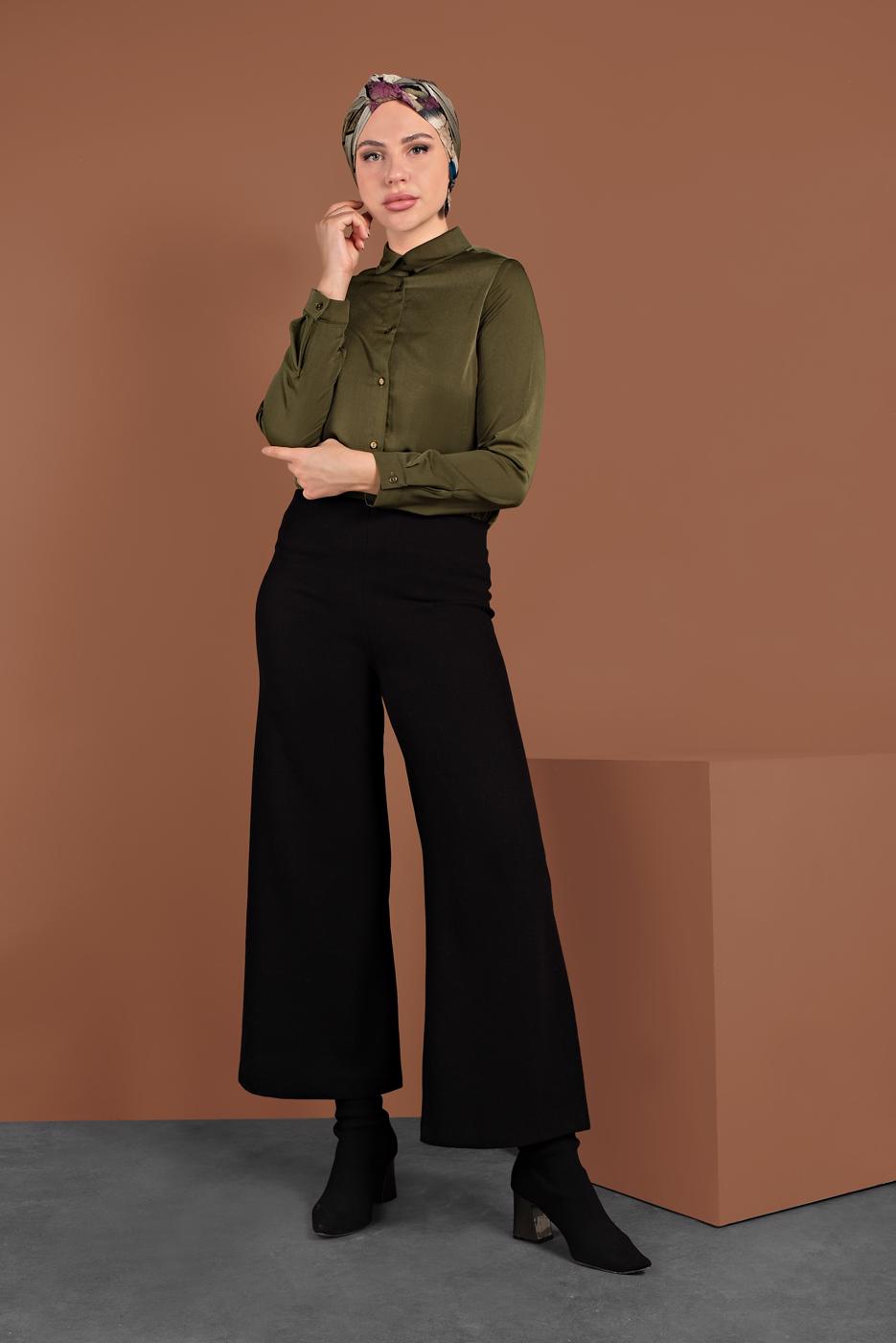 Tesettür giyim SİYAH BELİ LASTİKLİ GENİŞ PAÇA PANTOLON 7701