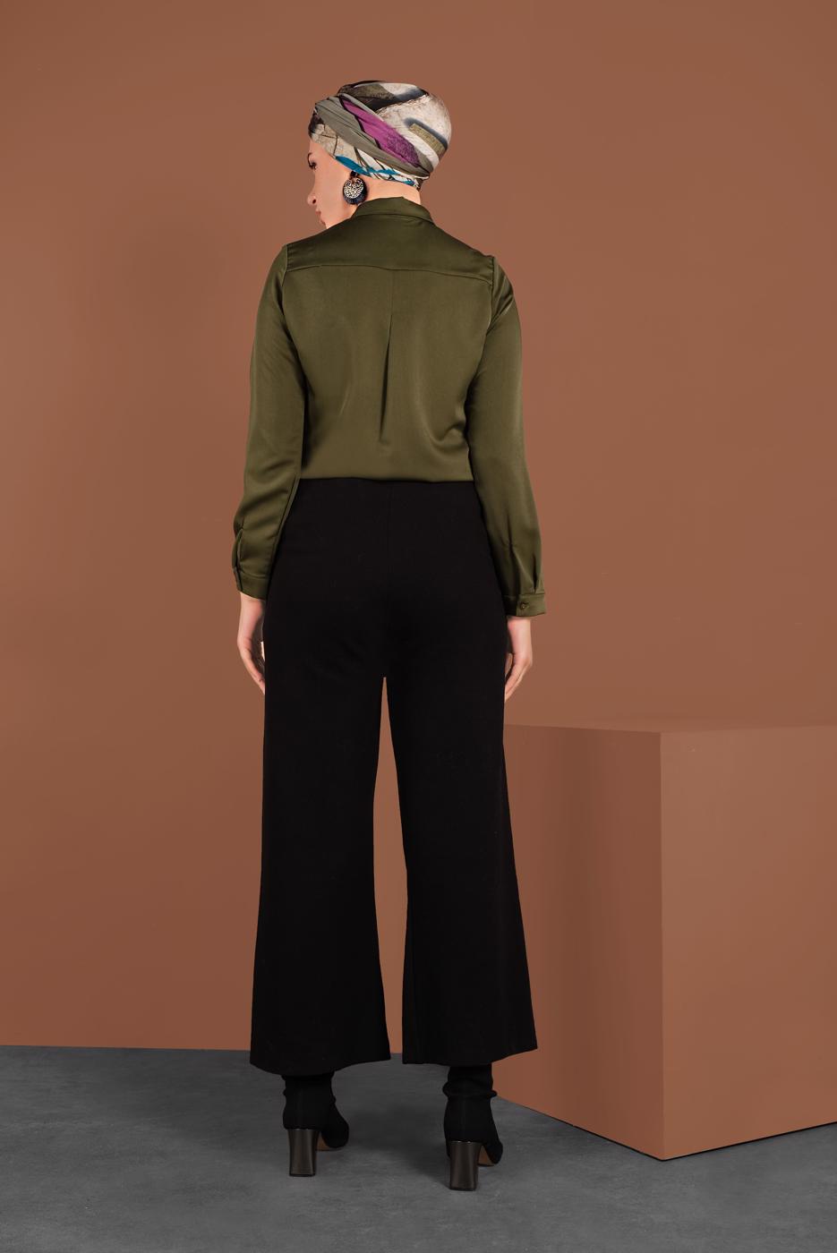 Tesettür giyim SİYAH BELİ LASTİKLİ GENİŞ PAÇA PANTOLON 7701