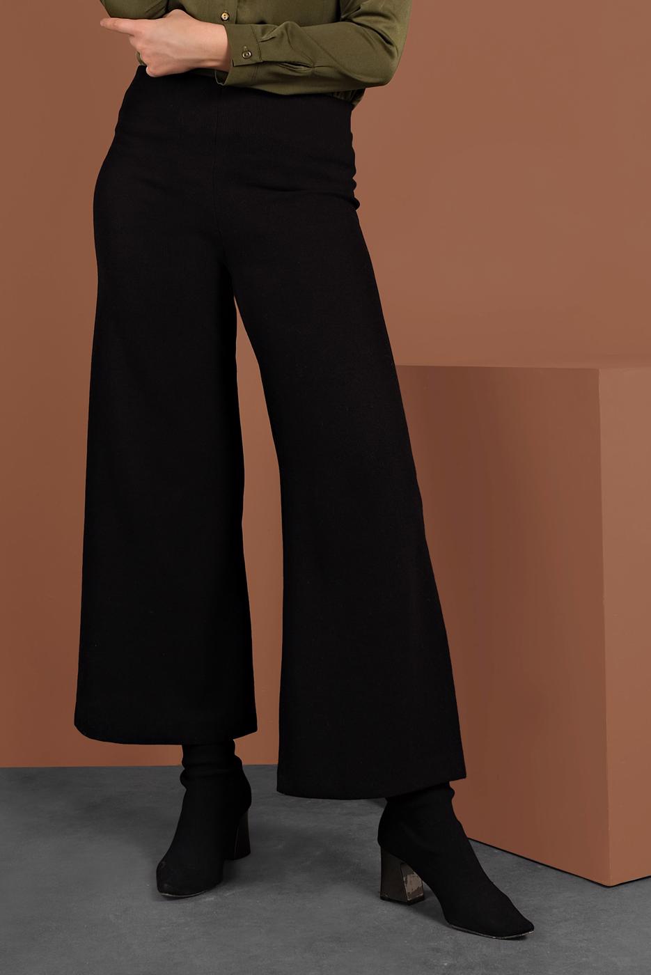 Tesettür giyim SİYAH BELİ LASTİKLİ GENİŞ PAÇA PANTOLON 7701