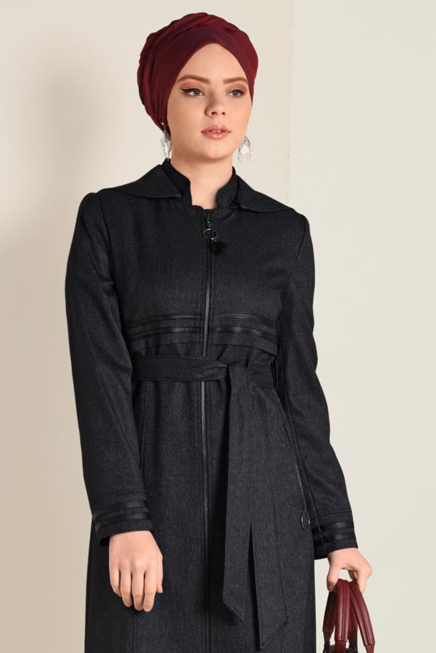Hijab clothing BLACK BELTED HOODED TOPCOAT 1311  - TRENDTESETTÜR