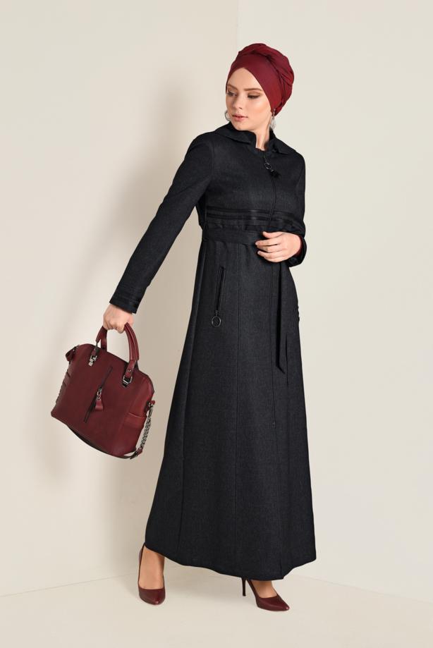 Hijab clothing BLACK BELTED HOODED TOPCOAT 1311  - TRENDTESETTÜR