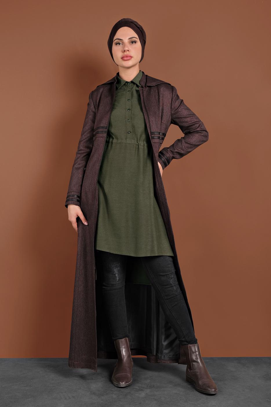 Tesettür giyim BORDO BELİ KUŞAKLI KAPÜŞONLU PARDESÜ 1311