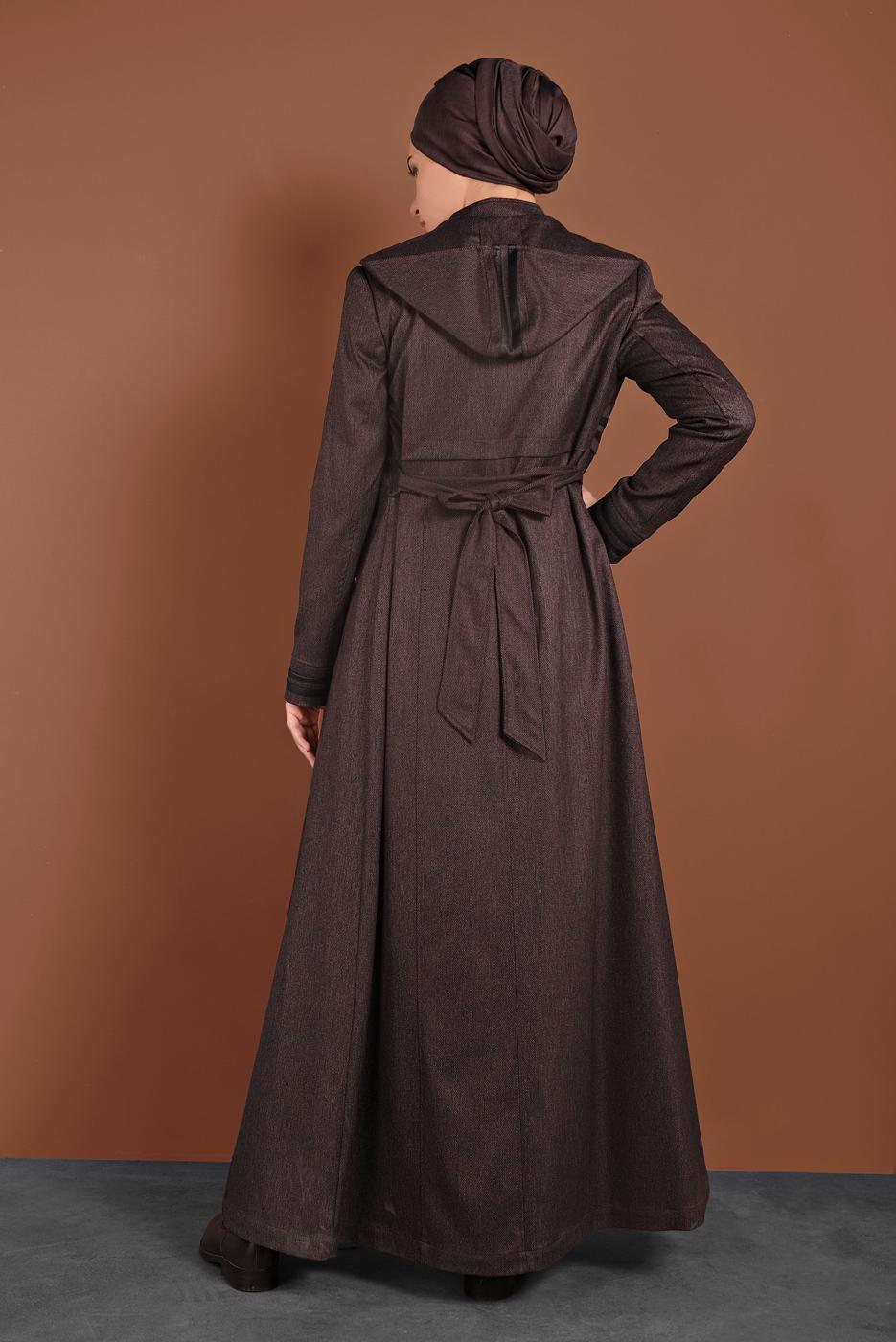 Tesettür giyim BORDO BELİ KUŞAKLI KAPÜŞONLU PARDESÜ 1311