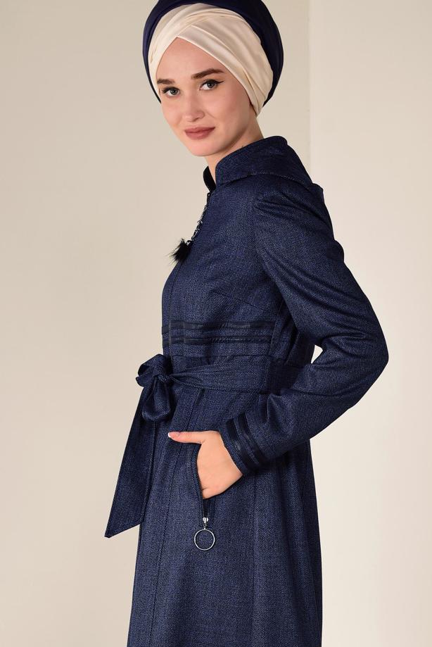 Tesettür giyim LACİVERT BELİ KUŞAKLI KAPÜŞONLU PARDESÜ 1311 - TRENDTESETTÜR