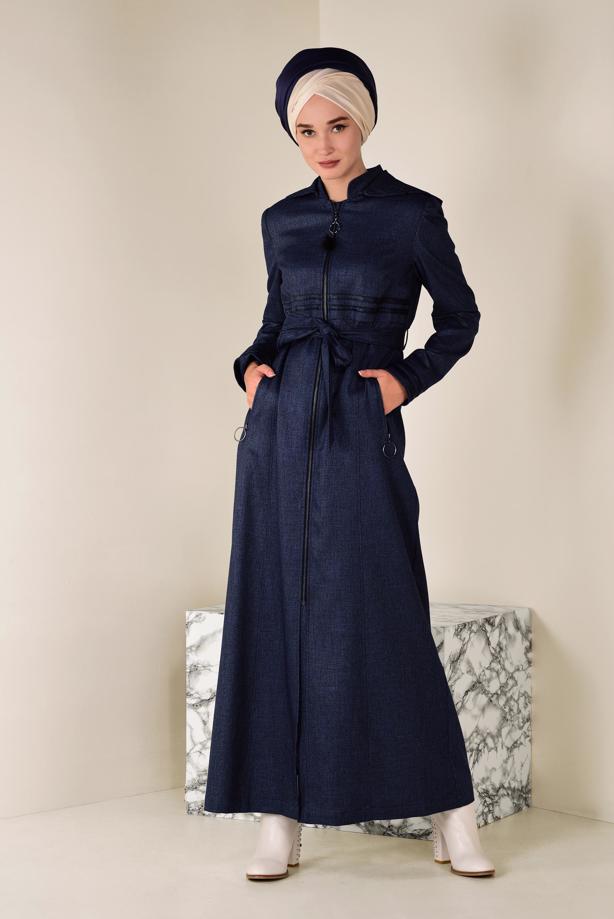 Hijab clothing NAVY BLUE BELTED HOODED TOPCOAT 1311  - TRENDTESETTÜR