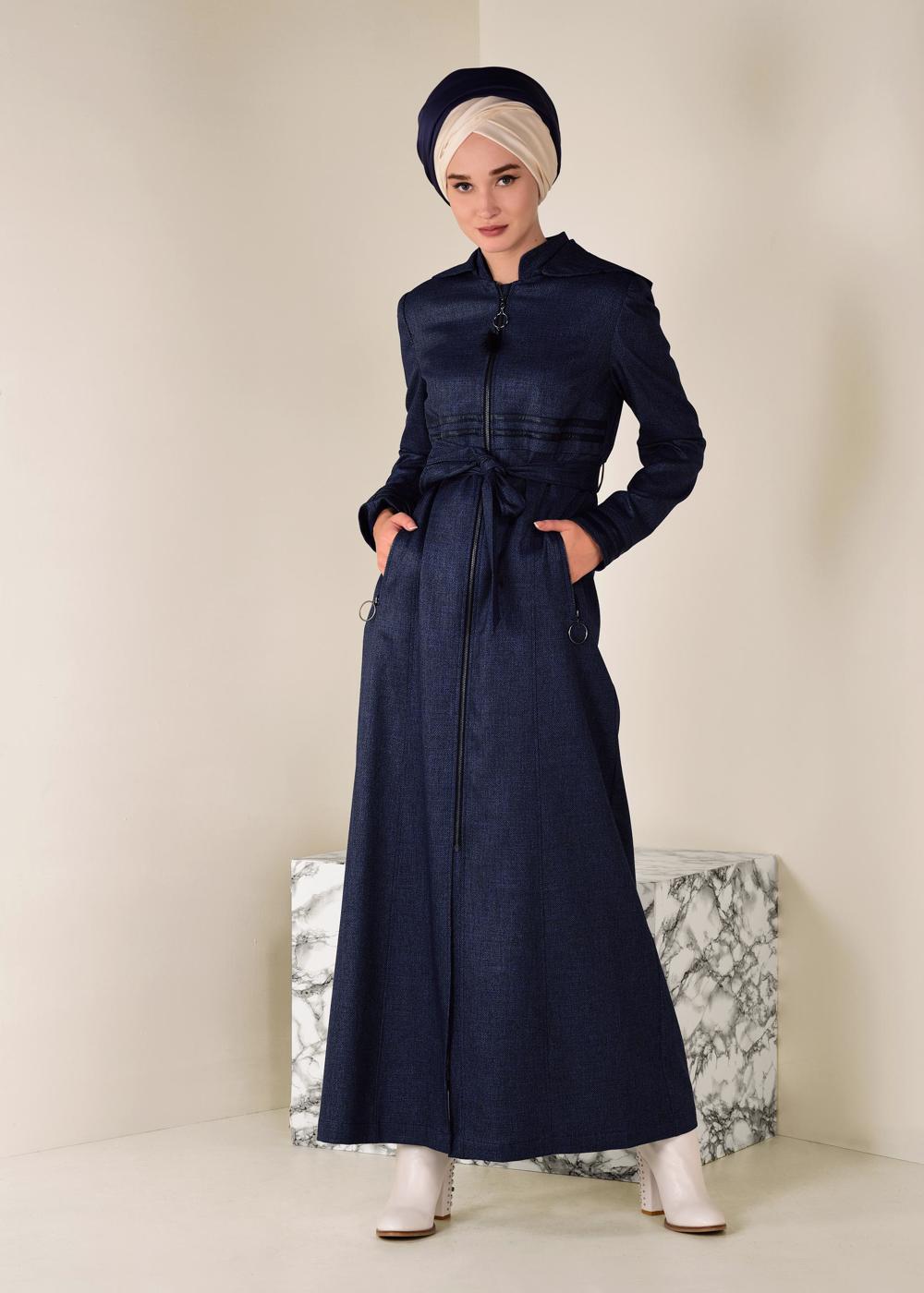 Hijab clothing NAVY BLUE BELTED HOODED TOPCOAT 1311 