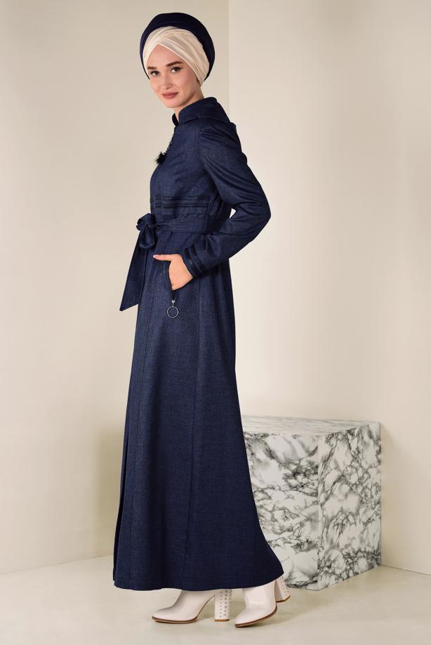 Hijab clothing NAVY BLUE BELTED HOODED TOPCOAT 1311  - TRENDTESETTÜR