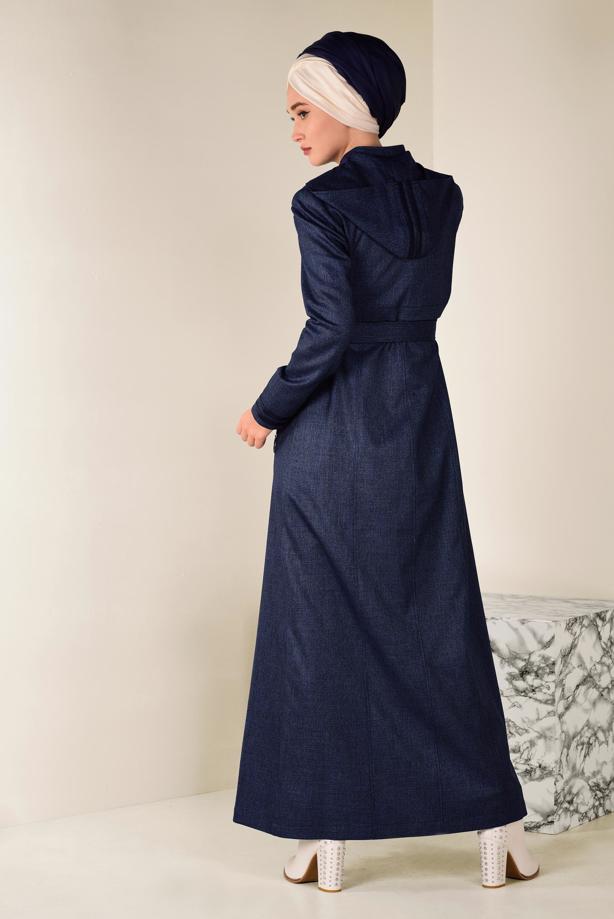 Hijab clothing NAVY BLUE BELTED HOODED TOPCOAT 1311  - TRENDTESETTÜR