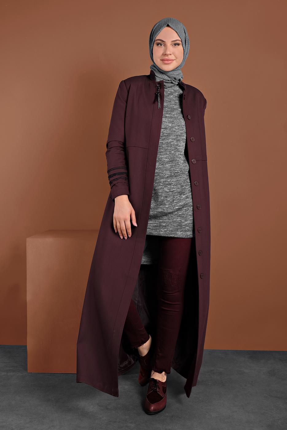 Hijab clothing CLARET RED MANDARIN COLLAR HIDDEN BUTTONED TOPCOAT 1314