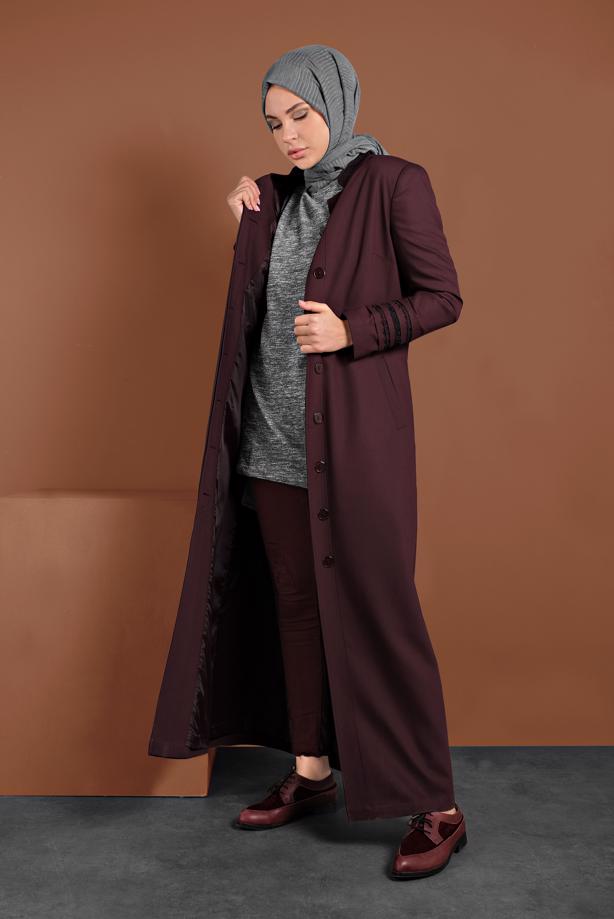 Hijab clothing CLARET RED MANDARIN COLLAR HIDDEN BUTTONED TOPCOAT 1314 - TRENDTESETTÜR