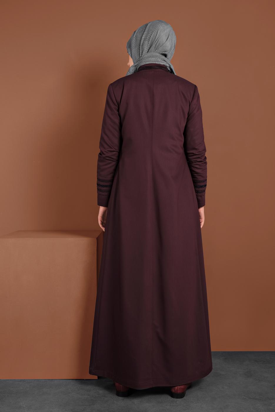 Hijab clothing CLARET RED MANDARIN COLLAR HIDDEN BUTTONED TOPCOAT 1314