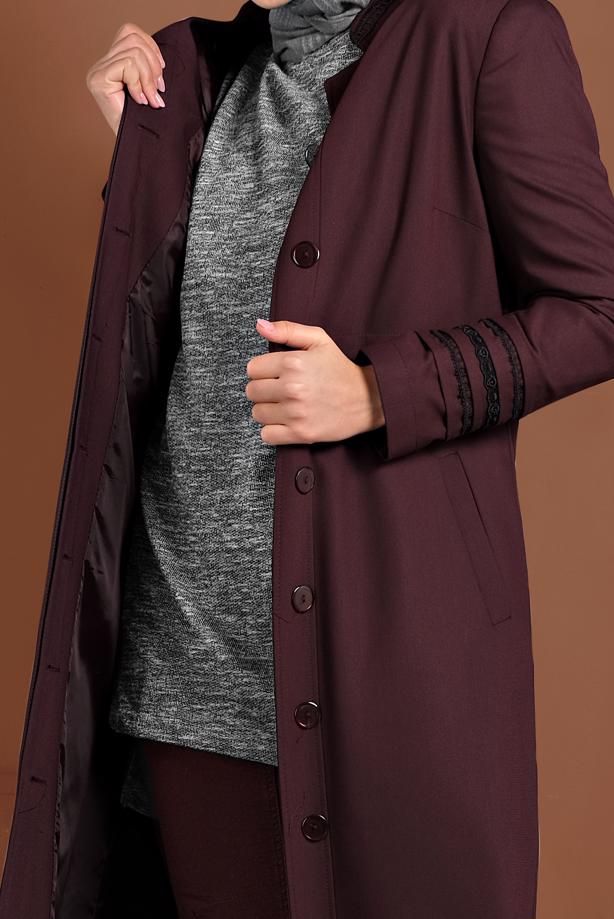 Hijab clothing CLARET RED MANDARIN COLLAR HIDDEN BUTTONED TOPCOAT 1314 - TRENDTESETTÜR