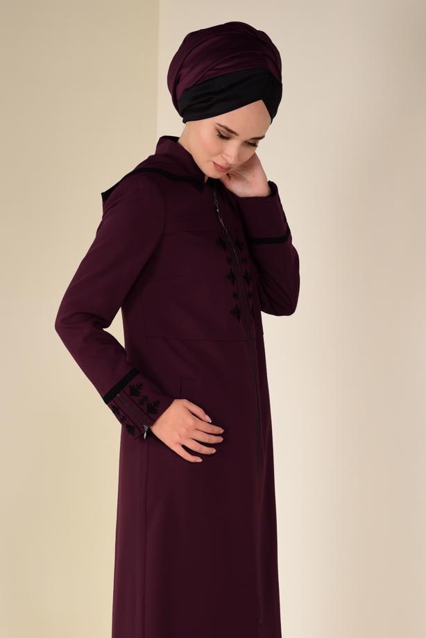 Hijab clothing CLARET RED EMBROIDERED HOODED TOPCOAT 1315  - TRENDTESETTÜR
