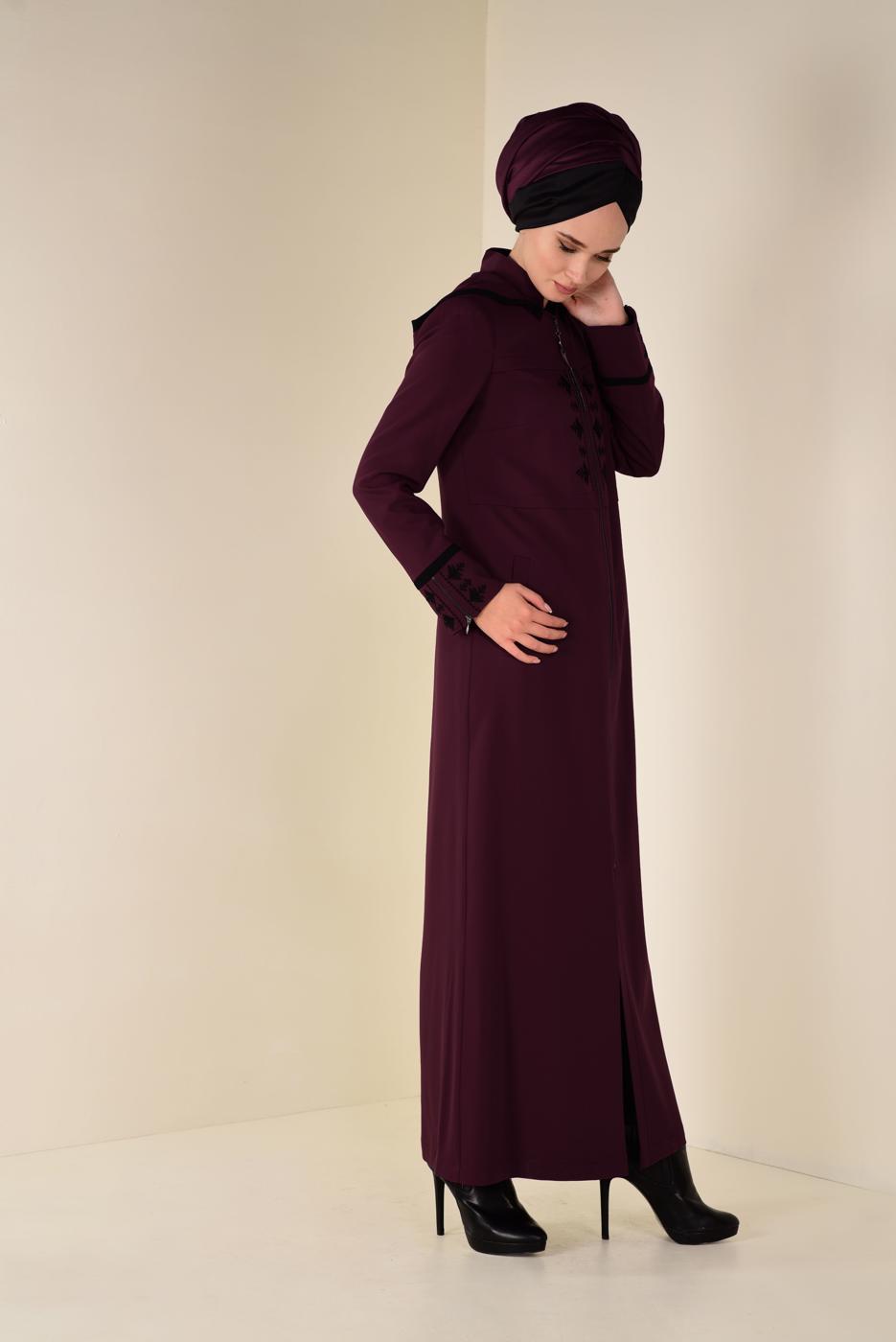 Hijab clothing CLARET RED EMBROIDERED HOODED TOPCOAT 1315 