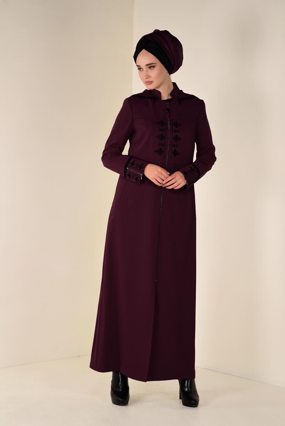 Hijab clothing CLARET RED EMBROIDERED HOODED TOPCOAT 1315 