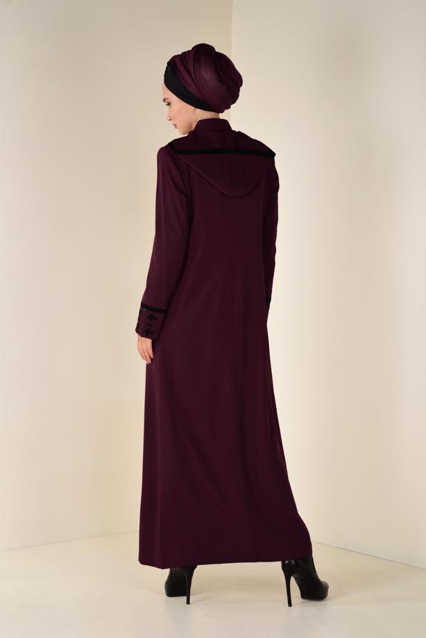 Hijab clothing CLARET RED EMBROIDERED HOODED TOPCOAT 1315  - TRENDTESETTÜR