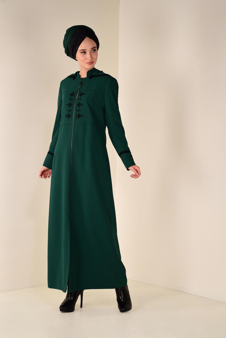 Hijab clothing GREEN EMBROIDERED HOODED TOPCOAT 1315 