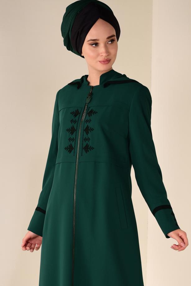 Hijab clothing GREEN EMBROIDERED HOODED TOPCOAT 1315  - TRENDTESETTÜR