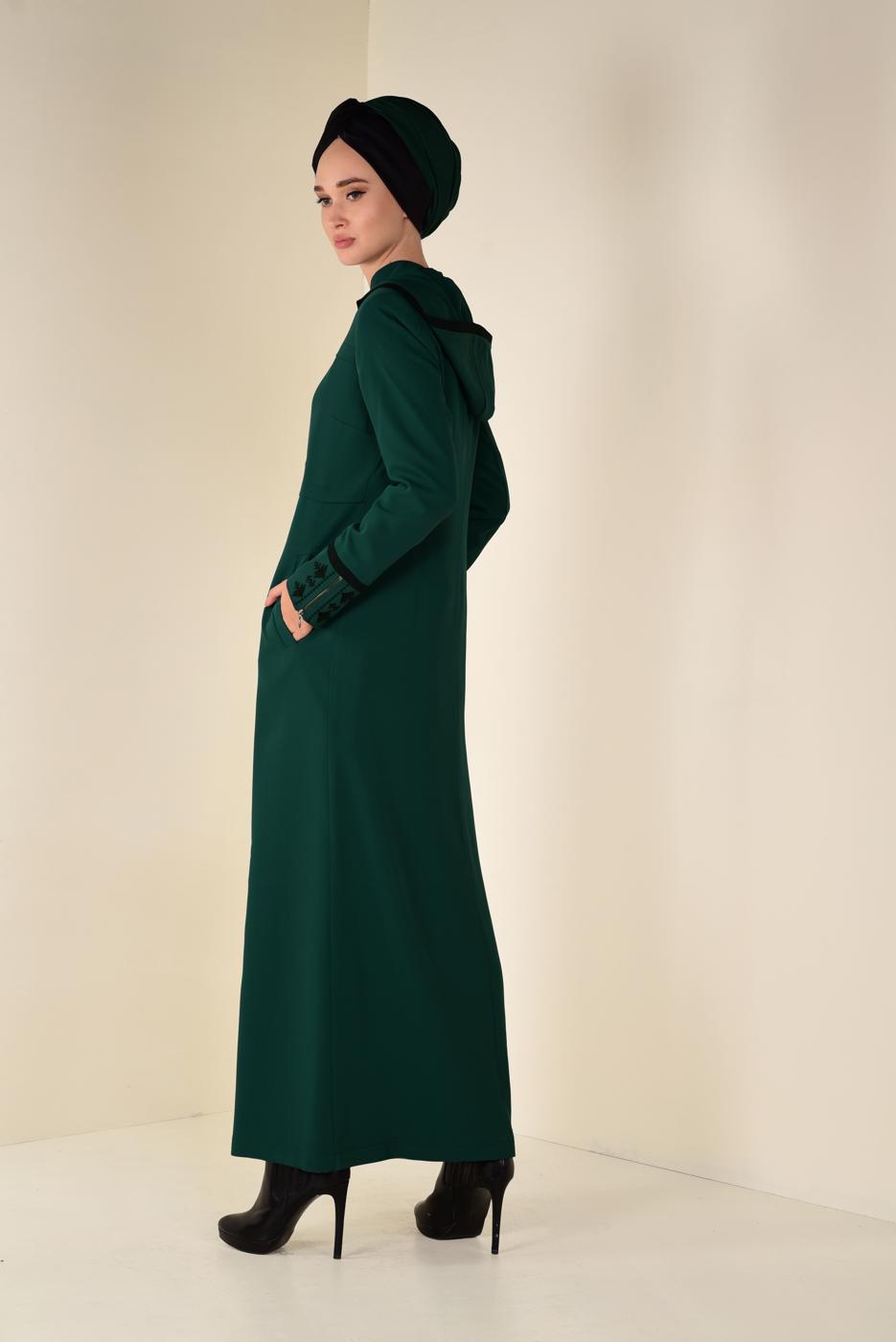 Hijab clothing GREEN EMBROIDERED HOODED TOPCOAT 1315 