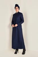 Hijab clothing NAVY BLUE MANDARIN COLLAR TIE-WAIST TOPCOAT 1338 