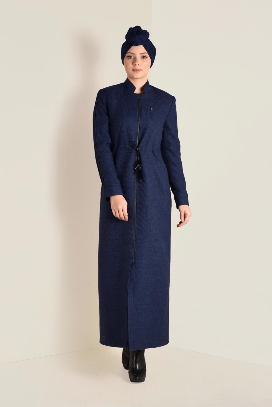 Hijab clothing NAVY BLUE MANDARIN COLLAR TIE-WAIST TOPCOAT 1338 