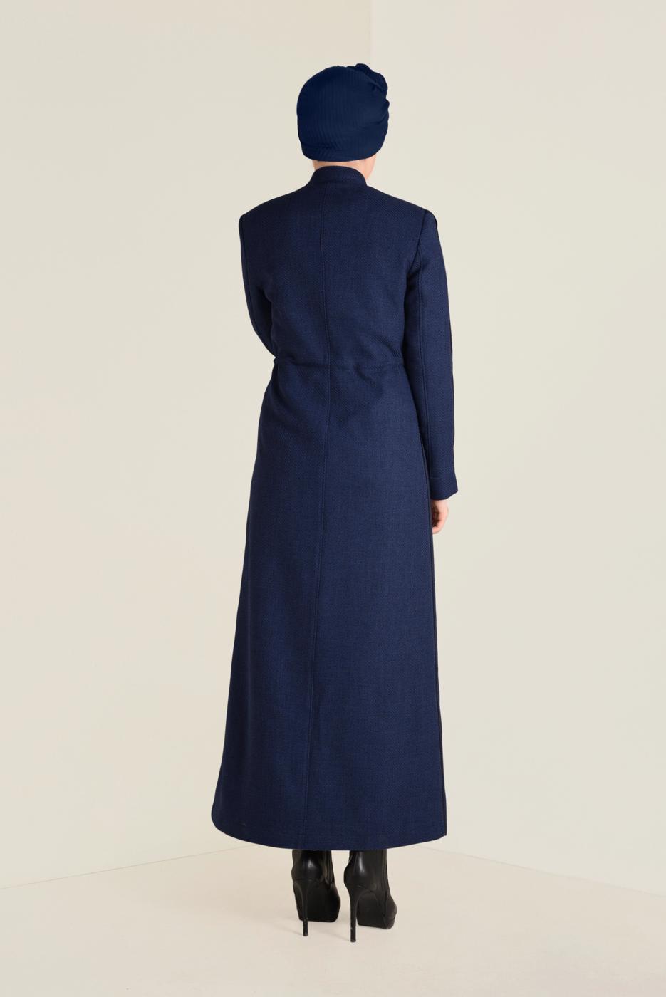 Hijab clothing NAVY BLUE MANDARIN COLLAR TIE-WAIST TOPCOAT 1338 