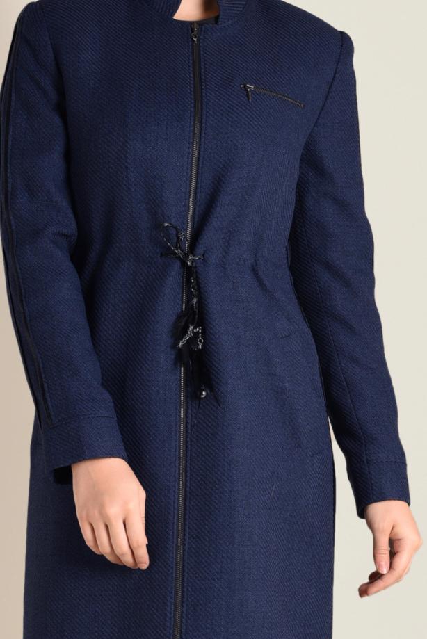 Hijab clothing NAVY BLUE MANDARIN COLLAR TIE-WAIST TOPCOAT 1338  - TRENDTESETTÜR
