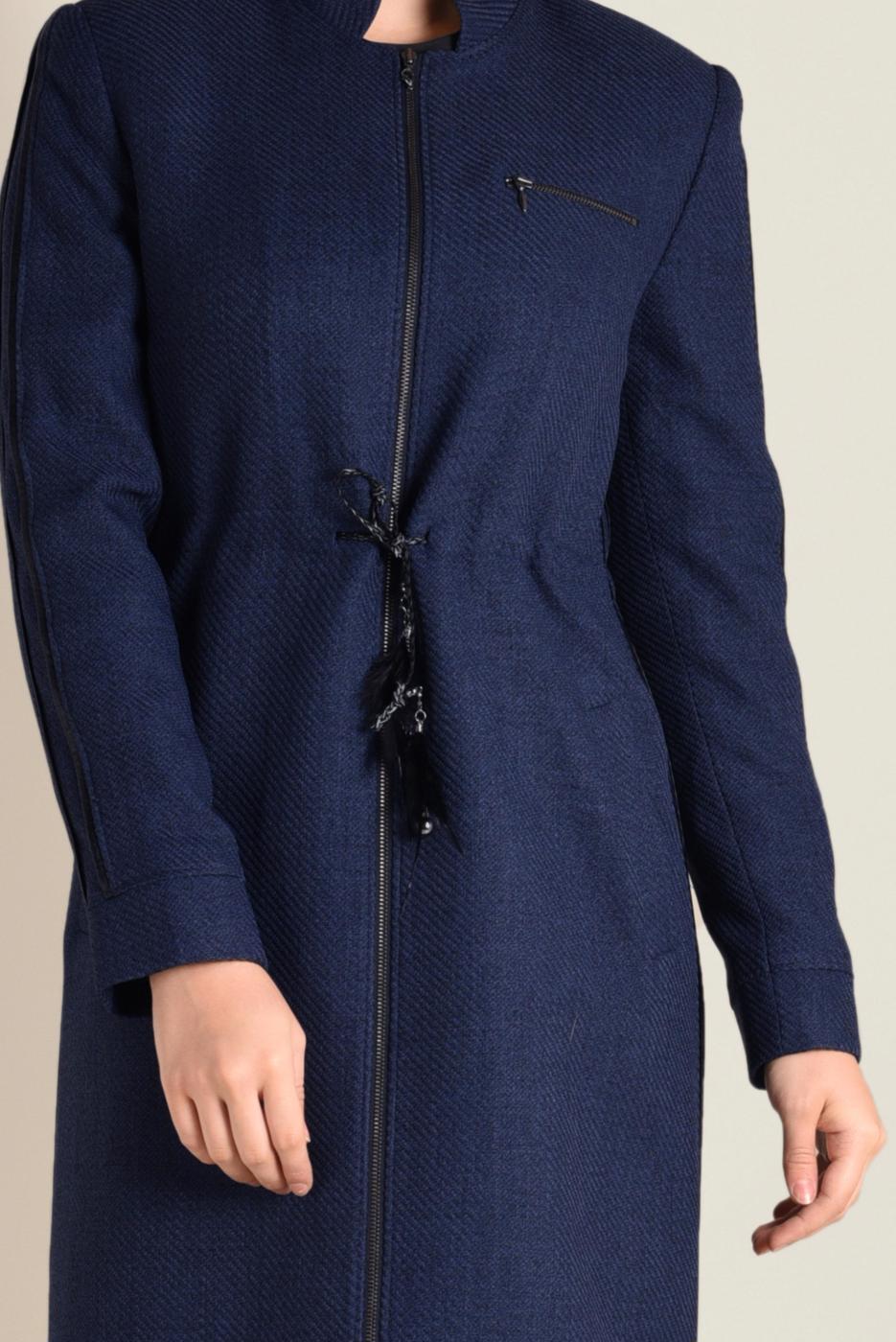 Hijab clothing NAVY BLUE MANDARIN COLLAR TIE-WAIST TOPCOAT 1338 