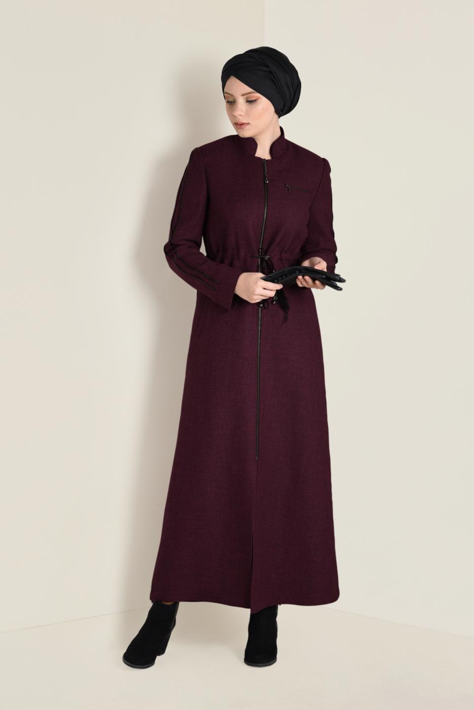 Hijab clothing BLACK MANDARIN COLLAR TIE-WAIST TOPCOAT 1338 