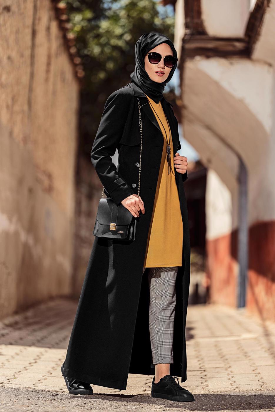 Tesettür giyim SİYAH BELİ KEMERLİ DÜĞMELİ PARDESÜ 1342 