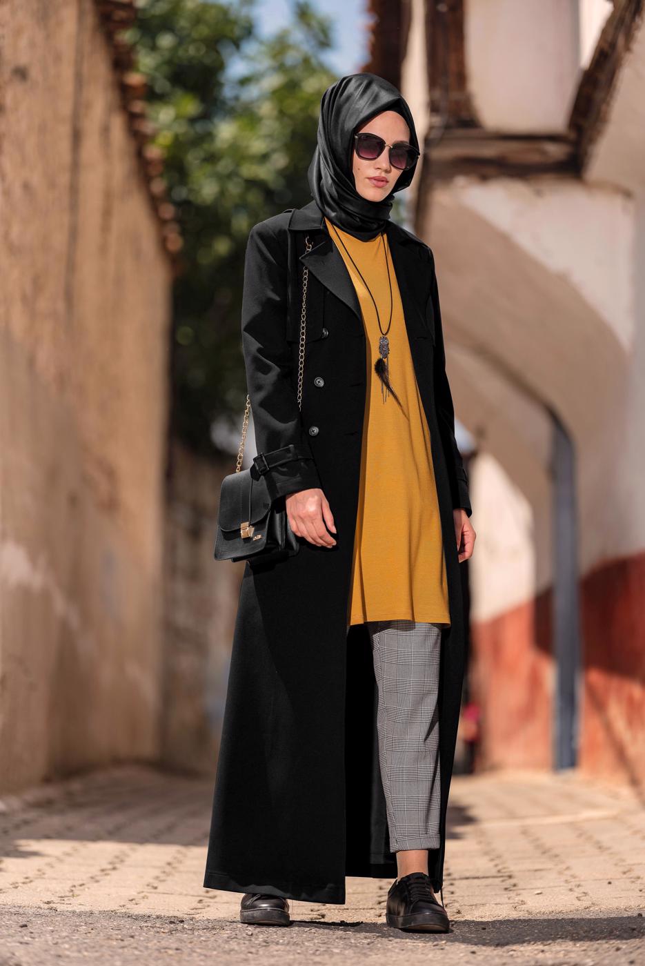 Tesettür giyim SİYAH BELİ KEMERLİ DÜĞMELİ PARDESÜ 1342 