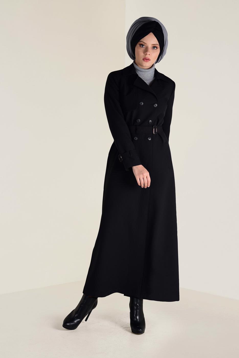 Tesettür giyim SİYAH BELİ KEMERLİ DÜĞMELİ PARDESÜ 1342 