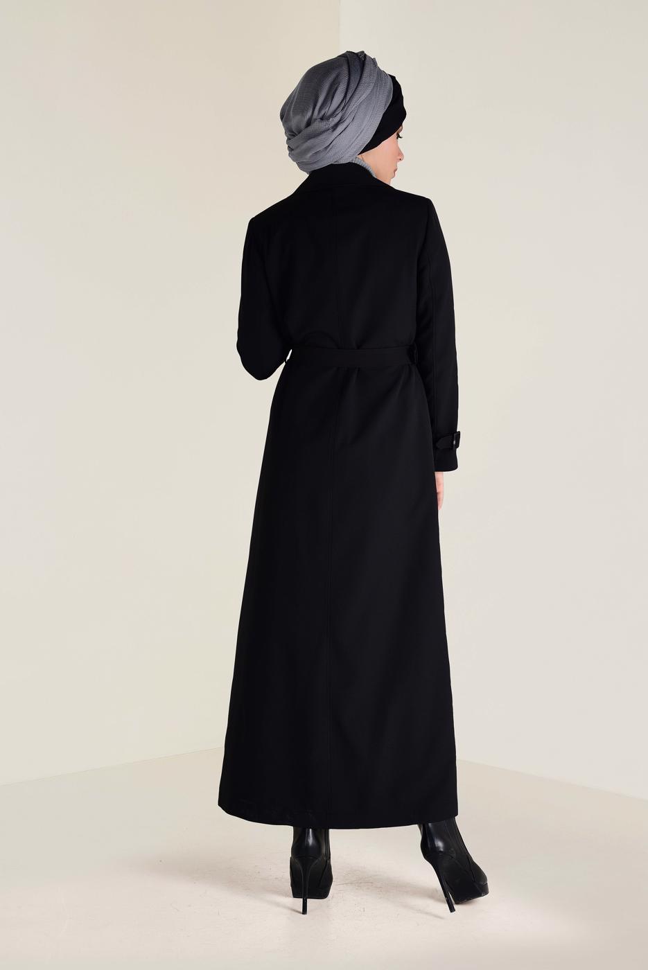Tesettür giyim SİYAH BELİ KEMERLİ DÜĞMELİ PARDESÜ 1342 