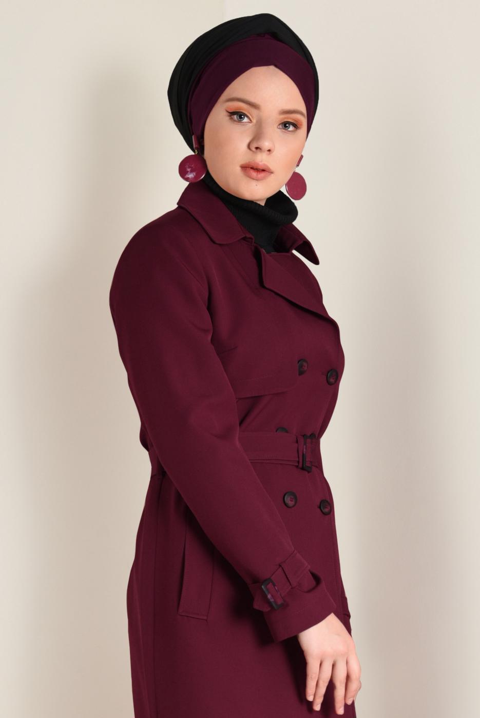 Hijab clothing CLARET RED BELTED BUTTONED TOPCOAT 1342 